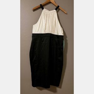NWT Jones New York classy evening cocktail dress sheath 2-tone satin cream+black